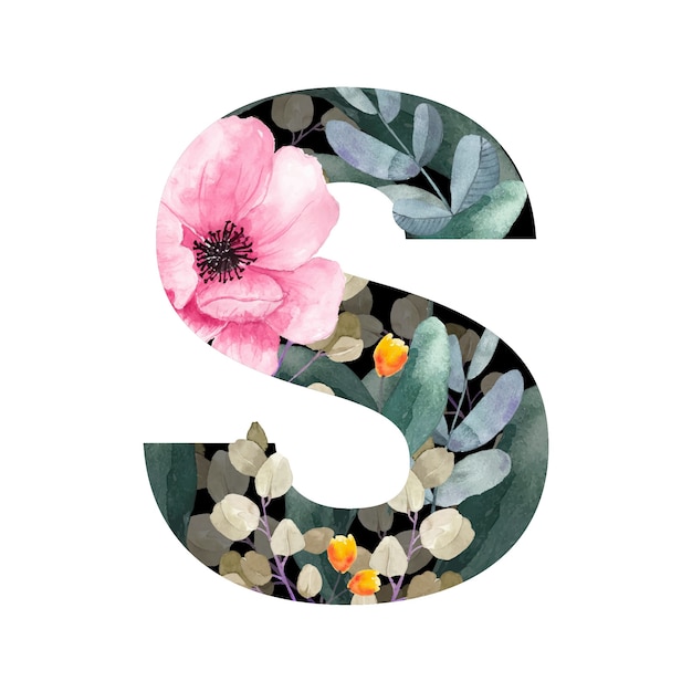 Capital letter S floral style With flowers and leaves of plants