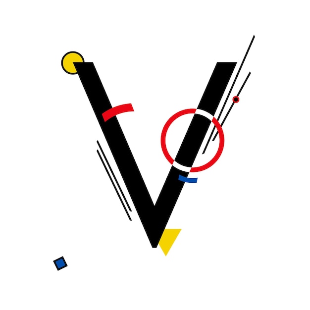 Capital letter V made up of simple geometric shapes in Suprematism style