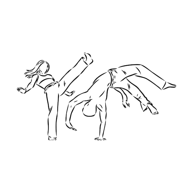 Vector capoeira pictogram silhouet illustratie dans en sport braziliaanse doodle schets zwart bord