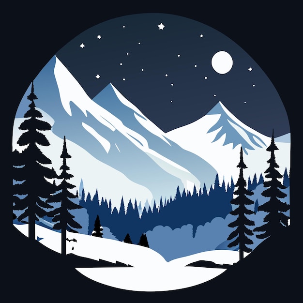 Capped Mountain at Night Enchanting Vector Illustration