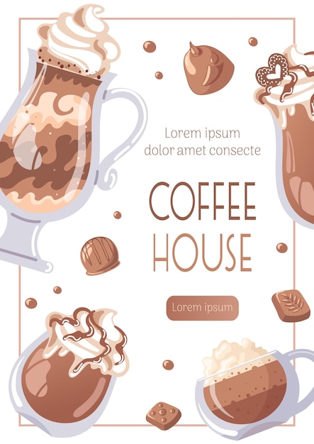 Cappuccino latte and mocha in a glass whipped cream chocolates Vertical banner for coffee shop cafe