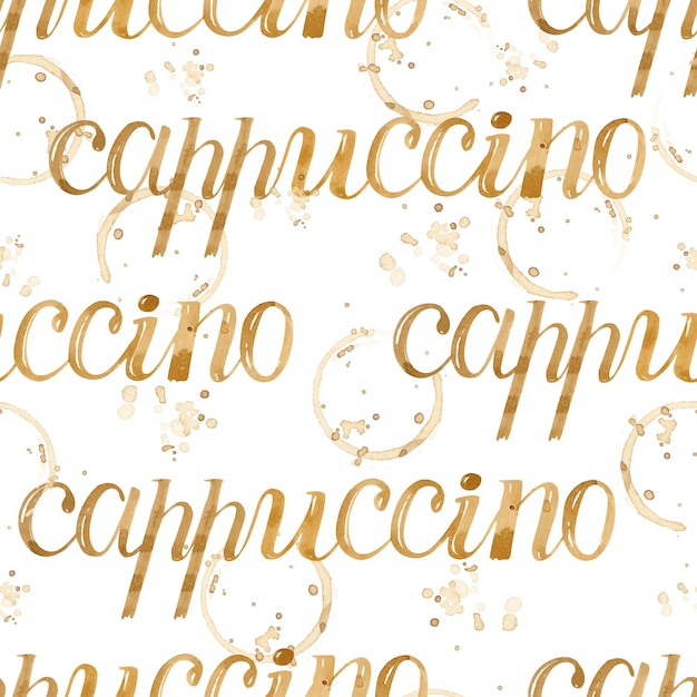 cappuccino lettering on coffee stains watercolor seamless pattern