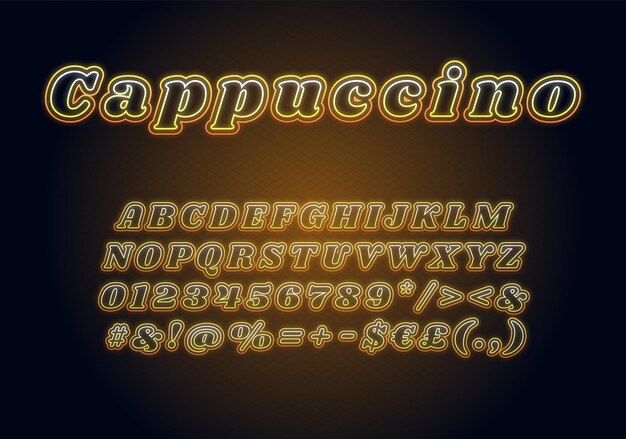 Vector cappuccino neon light font template. yellow illuminated vector alphabet set. bright capital letters, numbers and symbols with outer glowing effect. nightlife typography. coffeeshop typeface design