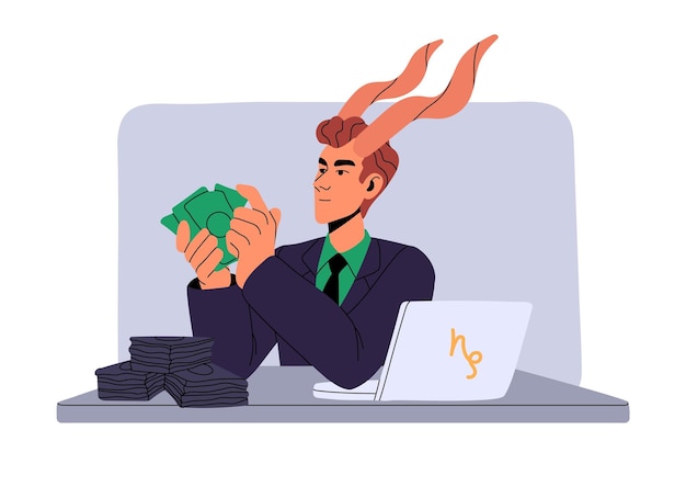 Capricorn astrology zodiac sign concept Rich man count money hold wealth Success in business wealthy businessman with horns Astrological horoscope flat isolated vector illustration on white