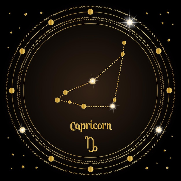 Capricorno, costellazione del segno zodiacale nel cerchio magico cosmico. design dorato su un buio