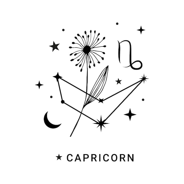 Capricorn constellation zodiac sign with flower moon and stars