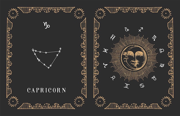 Capricorn zodiac constellation old card in vector