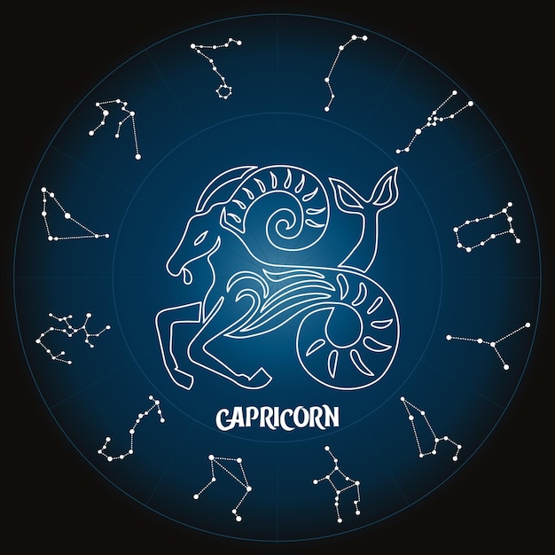 Знак зодиака Козерог в астрологическом круге с созвездиями зодиака, гороскоп. Синий и белый
