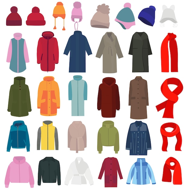 Caps jackets coats in flat style set collection