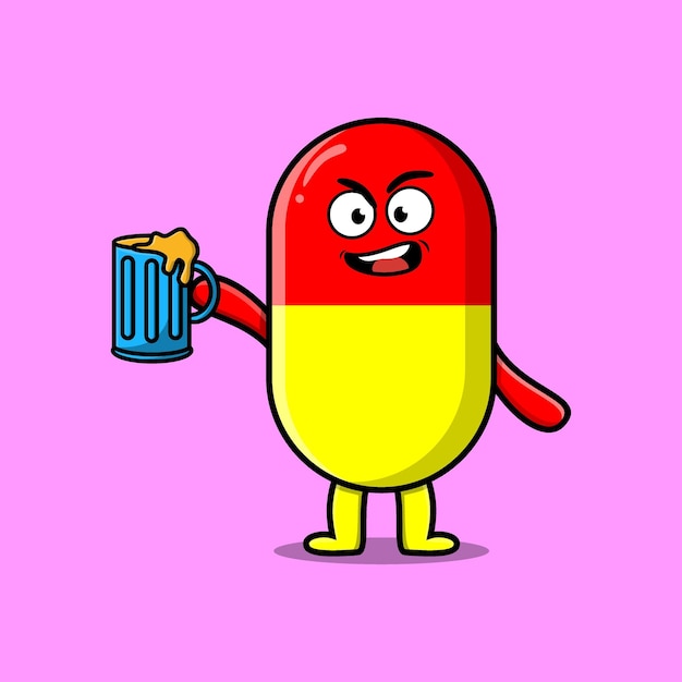 Capsule geneeskunde stripfiguur mascotte met bierglas en schattig stijlvol design