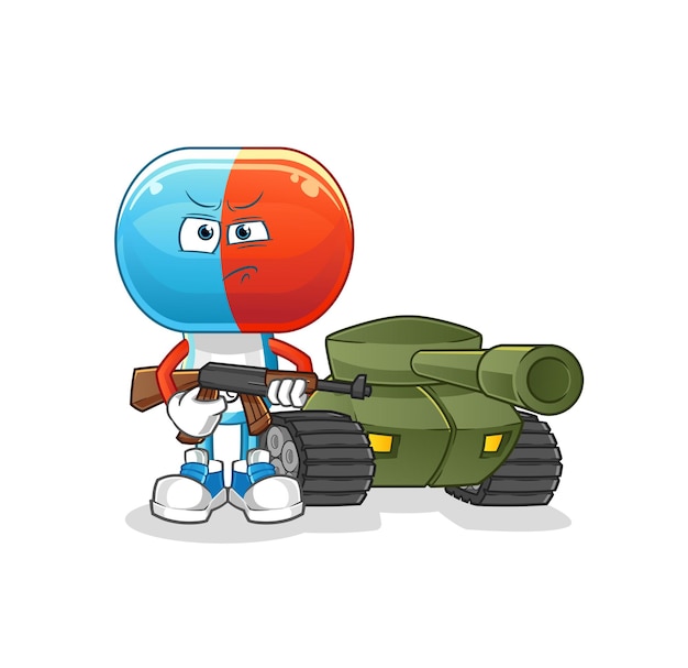 Capsule head cartoon soldier with tank character cartoon vector