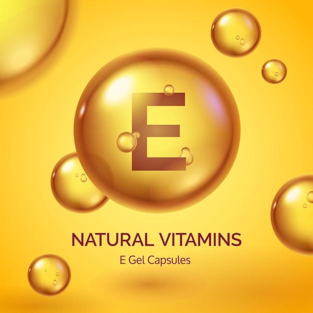 Capsule met vitamine E. Realistische gouden pil. Cosmetische huidverzorgingsproduct poster met oliedruppels en bubbels. Schoonheid en gezondheid vector concept. Medisch supplement, behandeling met biologische tabletten