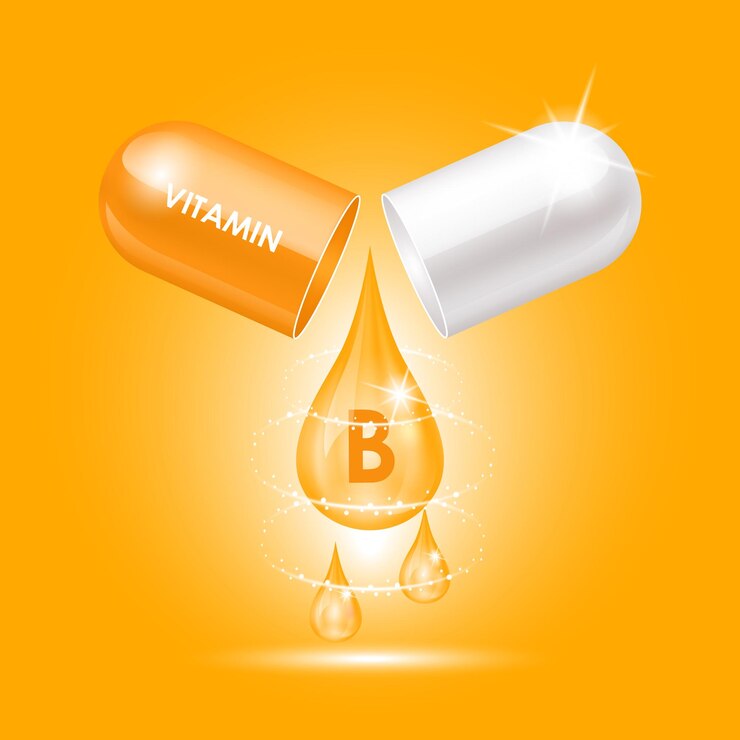 Capsule vitamin B structure orange dark white open as drop of waterDrug business concept.