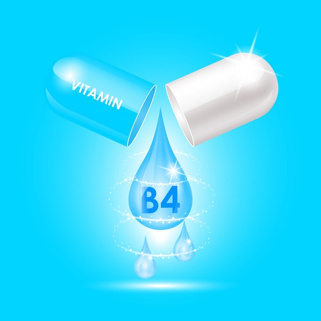 Capsule vitamin B4 Thiamine structure Blue white open as drop of water Drug business medicine.