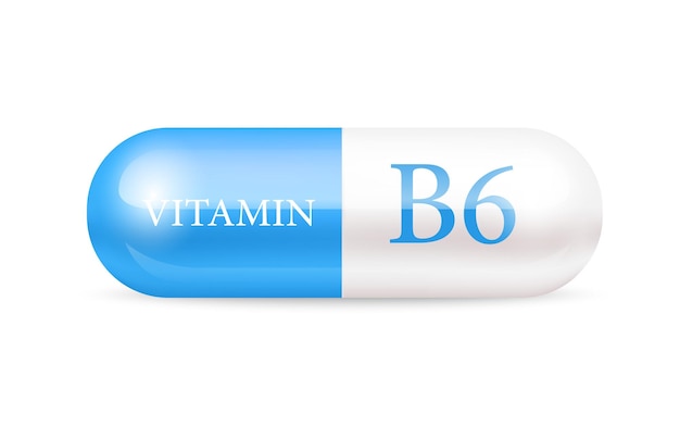 Capsule vitamin B6 Thiamine structure Blue white Personal care beauty concept Drug business.