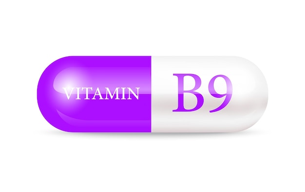 Capsule vitamin B9 Structure purple white Complex with chemical formula Drug business concept.