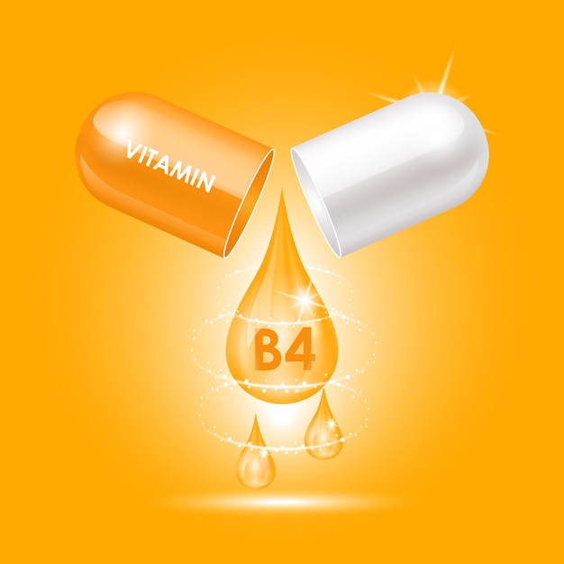 Capsule vitamine B4 Thiamine structuur oranje wit open als druppel water Drug bedrijfsconcept.