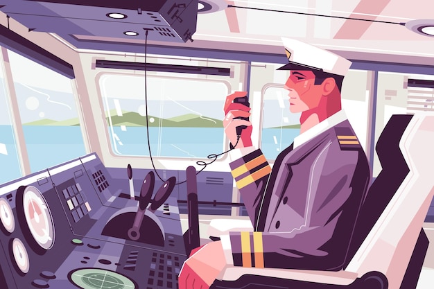 Vector captain cabin on ship with man speaking with passagers