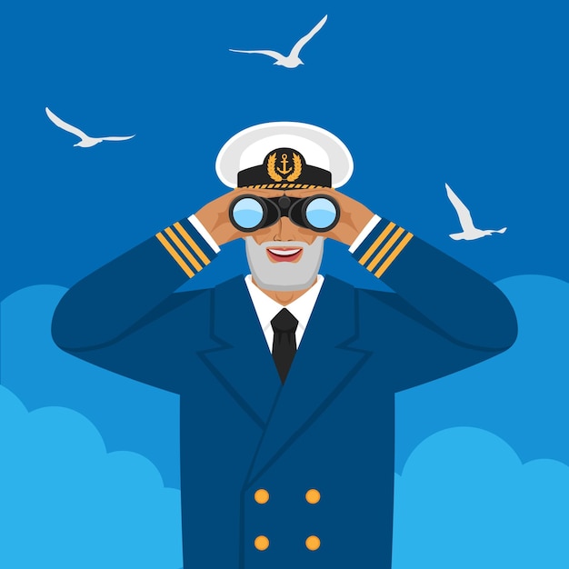 Vector captain looking through binoculars against cloudy sky and seagulls