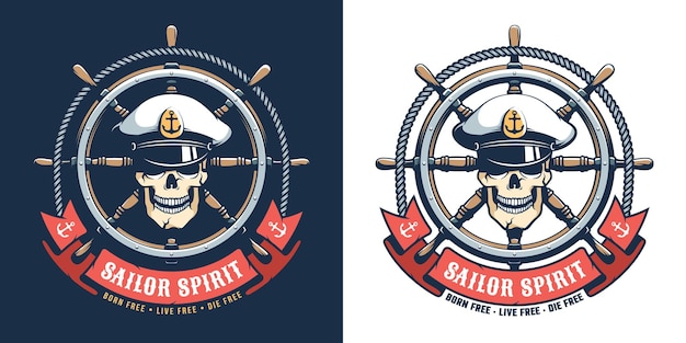 captain seaman retro logo skull with ship helm