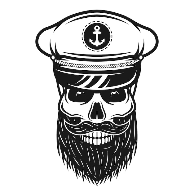 Vector captain skull in hat with beard and mustache