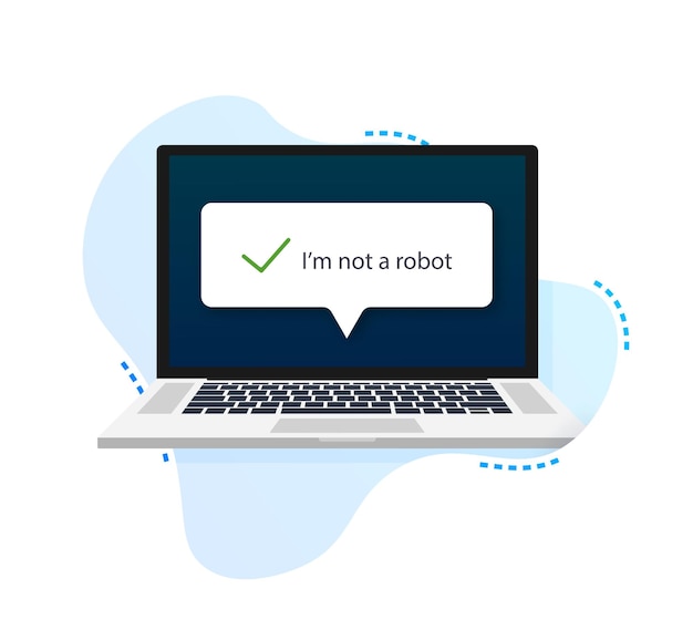 Captcha, I am not a robot on laptop screen. Vector stock Illustration.