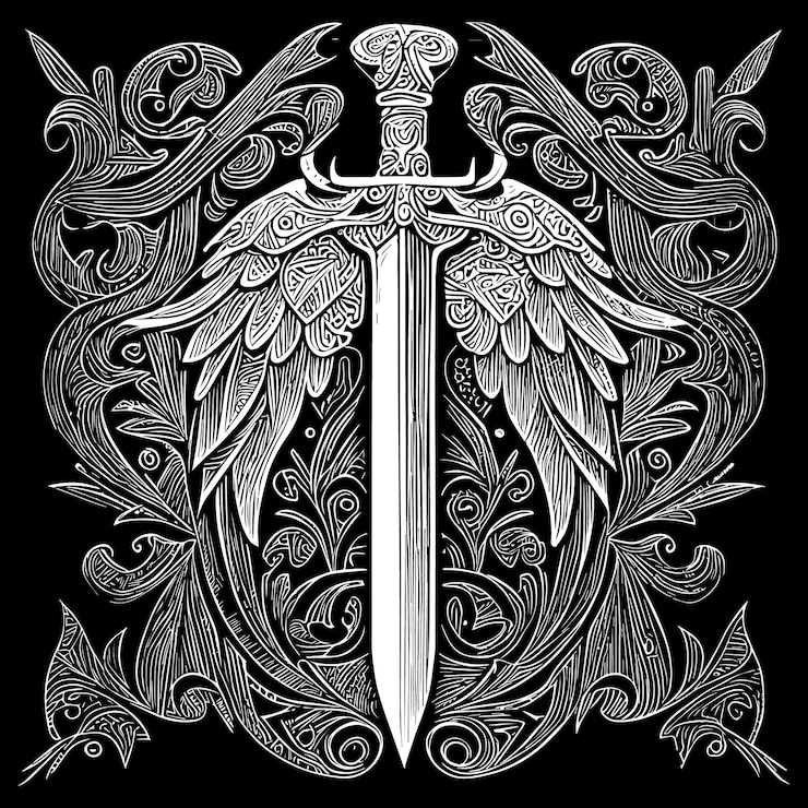 Vector a captivating artwork that blends the power of a sword with the beauty of feathered wings