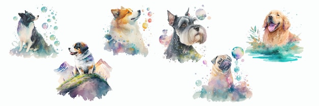 Captivating Canine Collection Watercolor Illustrations of Five Unique Dog Breeds Each Surrounded by Colorful Splashes