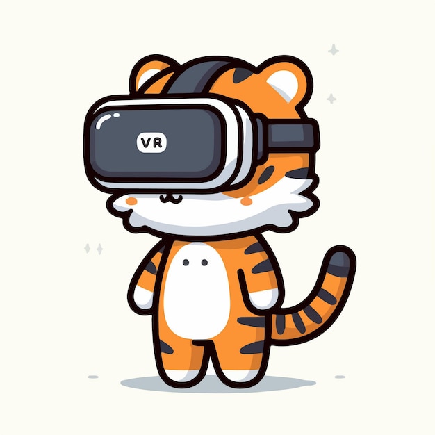 Captivating cartoon flat design illustration showcasing a tiger standing while immersed in virtual reality technology