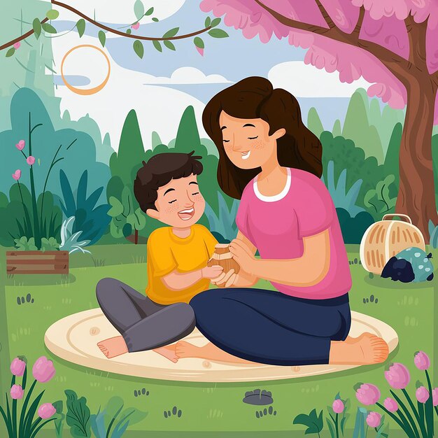 Vector captivating moments hygge motherhood in spring garden charming vector illustration of mother tshirt white and son enjoying quality time outdoors perfect for creating heartwarming content