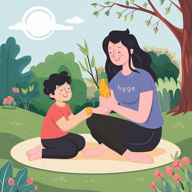 Captivating Moments Hygge Motherhood in Spring Garden Charming Vector Illustration of Mother tshirt white and Son Enjoying Quality Time Outdoors Perfect for Creating Heartwarming Content