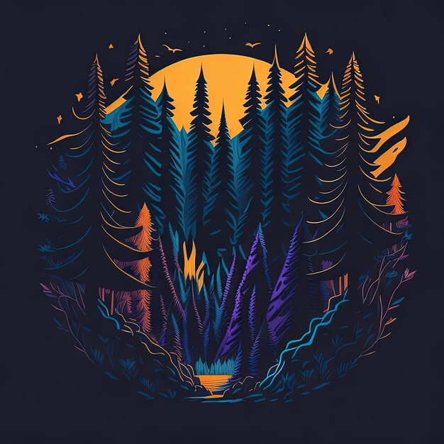 Vector captivating sunset serenity forest silhouette design