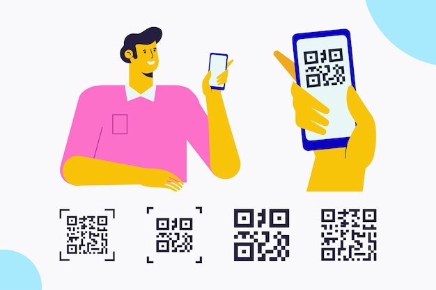 휴대 전화에 qr 코드 캡처 Qr 코드 평면 벡터 일러스트와 함께 손을 잡고 전화