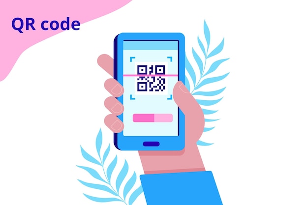 Capture qr code on mobile phone Hand holding phone with Qr code Flat vector illustration