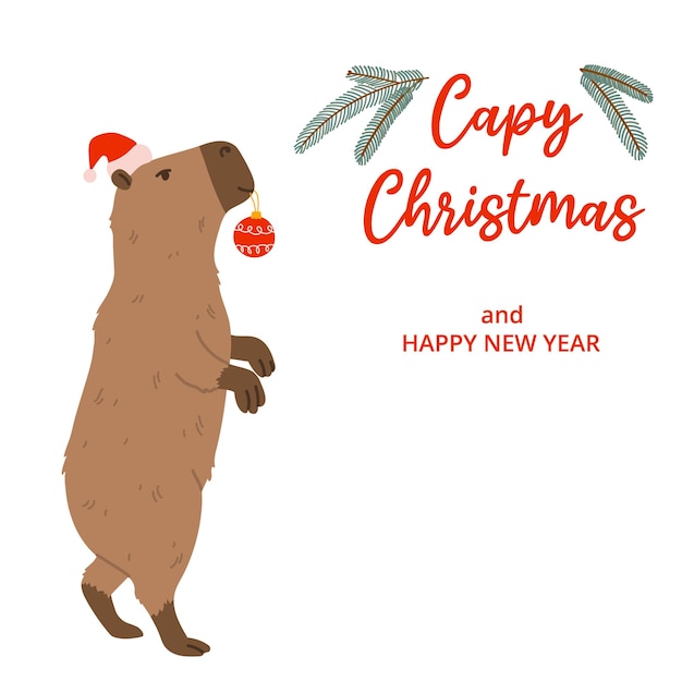 Capybara boom bal rode hoed en tekst Capy Kerstmis op witte achtergrond