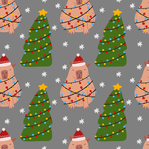 Capybara in garland seamless pattern New Year background for fabric vector illustration