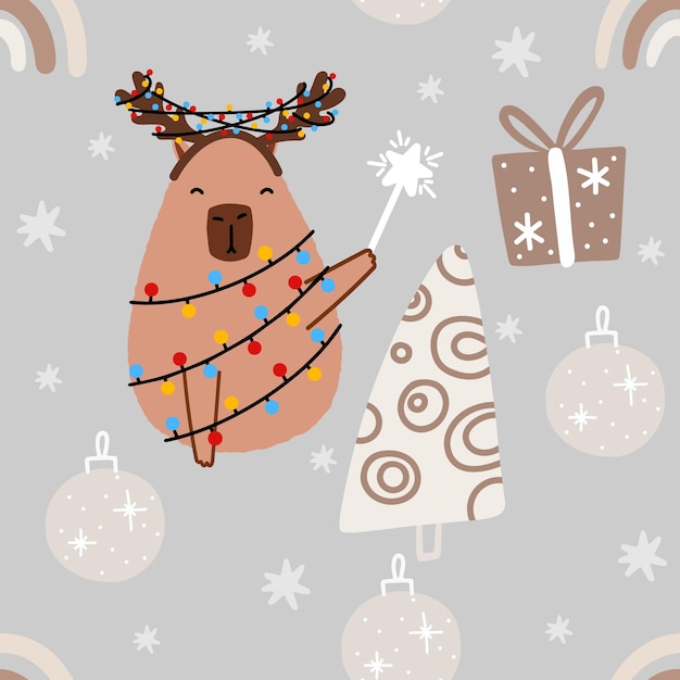 Capybara seamless pattern Cute New Year background vector illustration