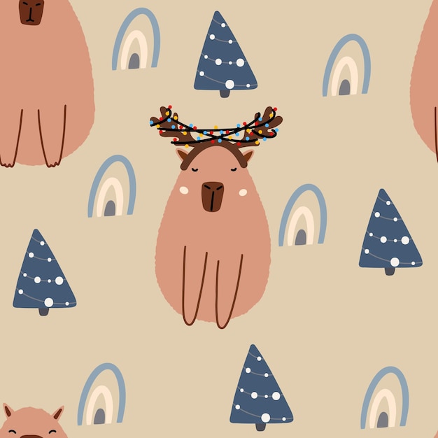 Vector capybara seamless pattern new year background for fabric wrapping paper textile vector illustration