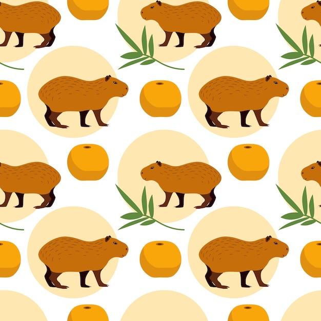 Capybara seamless pattern with leaves and oranges Vector pattern for packaging cover case