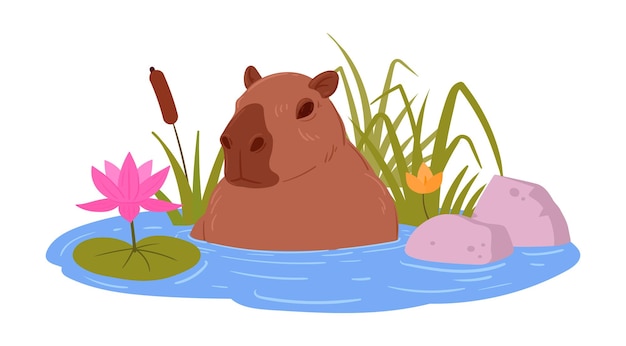 Vector capybara sitting in water cartoon semiaquatic capybara in natural habitat funny wild animal flat vector illustration herbivore mammal rodent