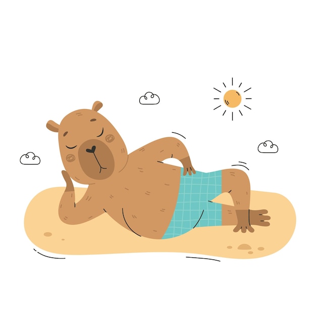 Vector capybara sunbathing on beach lying on sand animal character relaxing on seashore