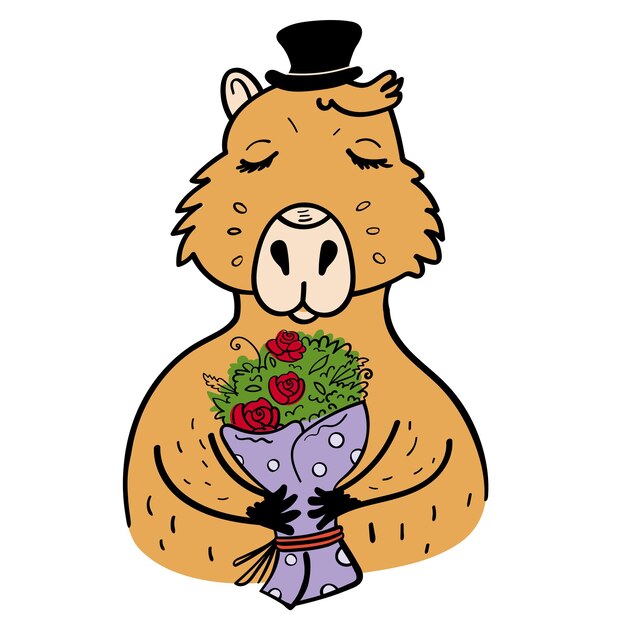 Capybara with a bouquet of red roses