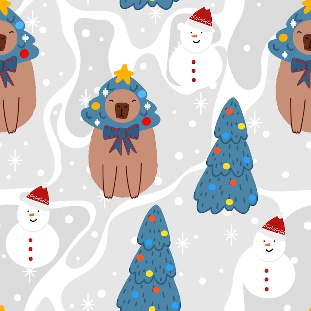 Capybara with Christmas tree seamless pattern New Year background for fabric vector illustration