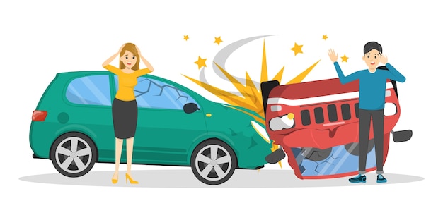 Vector car accident. broken automobile on the road, emergency situation. people in panic looking at the broken auto.   illustration