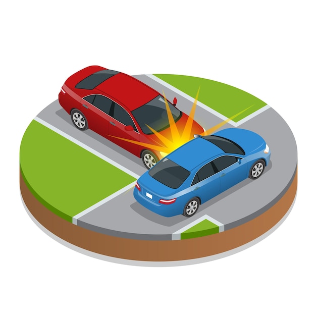 交通事故。自動車事故。フラット3dベクトル等角図。事故道路状況危険自動車事故と事故道路衝突安全緊急輸送。事故の危険な速度。