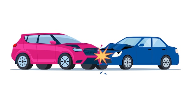 Vector car accident damaged transport on the road collision of two cars side view illustration