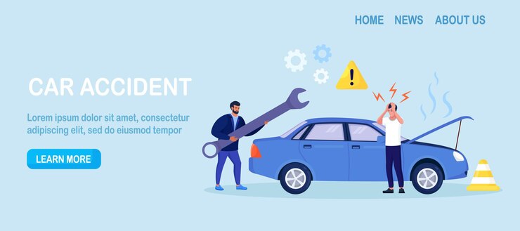 Vector car accident. disappointed man in panic standing beside broken auto without insurance.vehicle damaged, automobile crash. breakdown of the car on the road. spoiled transport needs repair.