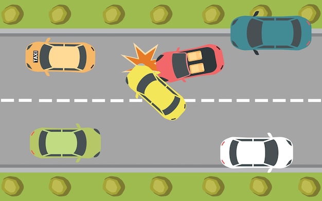 Автомобильная авария на векторной иллюстрации вида сверху на шоссе