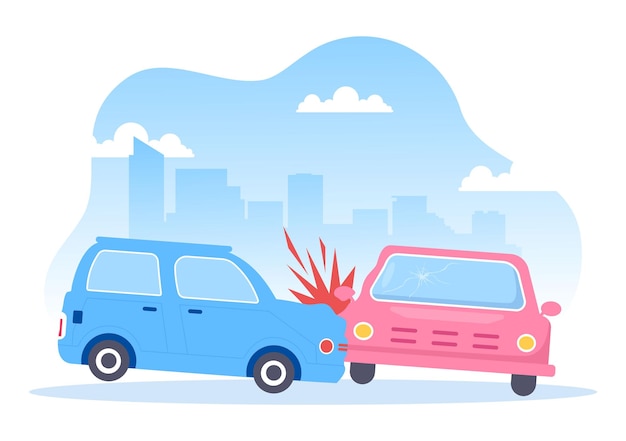 Vector car accident illustration with two cars colliding or hitting something on the road causing damage