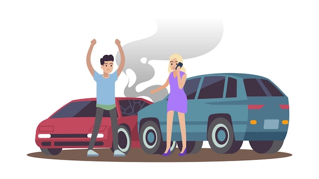 Car accident. man and woman after cars collision on road, male character angry female calling on phone, drivers standing near automobiles flat cartoon isolated illustration